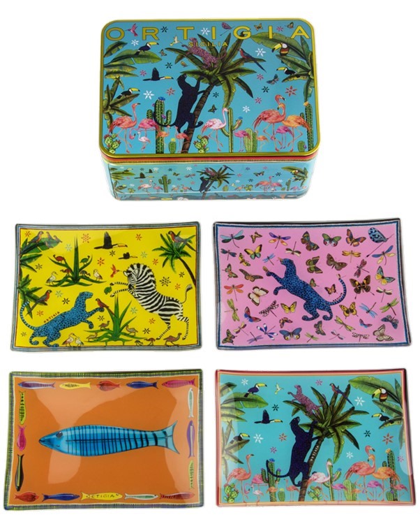 Four Glass Plates in Jungle Gift Tin Ortigia